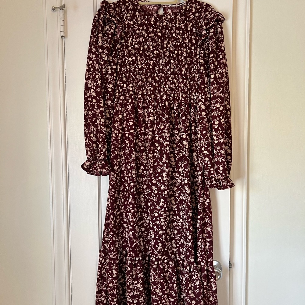 Mango ruffled print dress in maroon, size 4